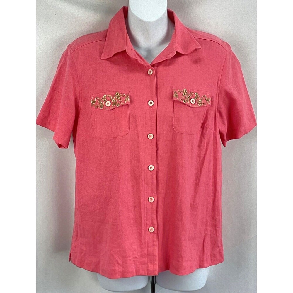 EriKa Linen Top S Coral Embroidered pockets ButtonUp Beaded lagenlook Cottage